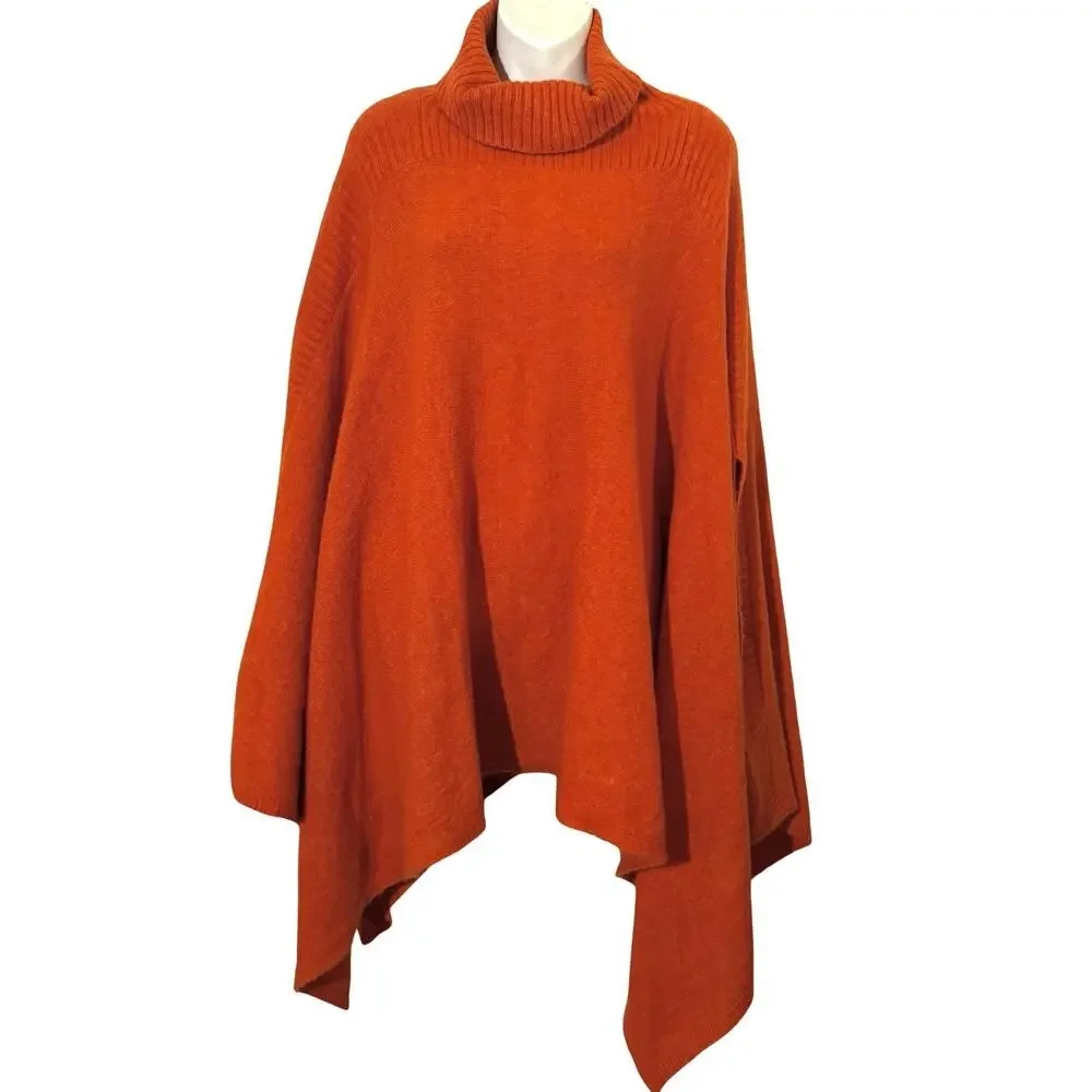 Lou & Grey Orange Turtleneck Asymmetrical Poncho Wool Blend Sweater sz One Size